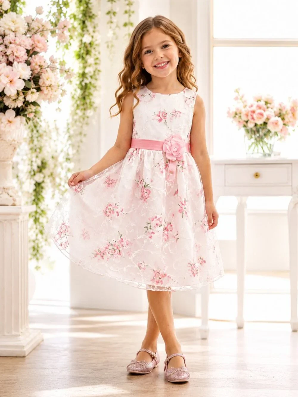 Girls Pink Floral Embroidered Special Occasion Dress Size 6 NWT